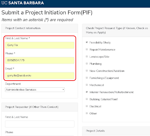 screen shot of Project Initiation Form